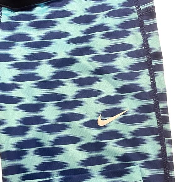 NIKE Running Tights Womens XS Blue Aqua Fold Over Relay Print Dri-Fit‎ Capri - Picture 1 of 6